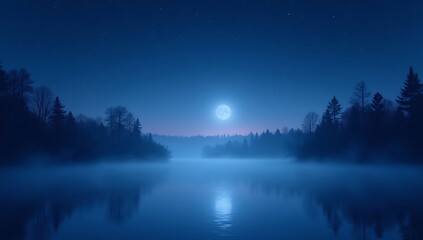 Fototapeta premium Enchanting Moonlit Lake Surrounded by Silhouetted Forest and Gentle Mist.