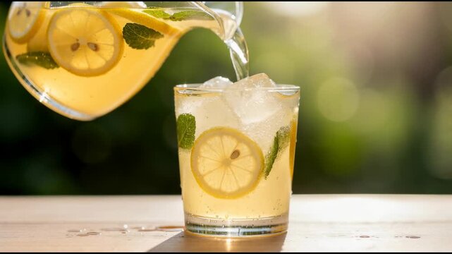 Refreshing cold lemonade with lemon slices and mint leaves served in glass with ice cubes outdoors