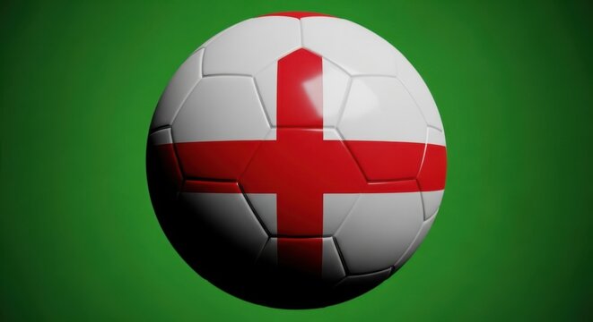 A classic white soccer ball with the st georges cross of england design, set against a vibrant green background