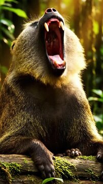 Mandrill yawns in the forest during daytime in a natural habitat setting with lush green surroundings