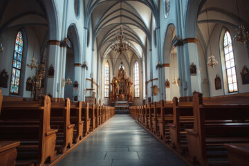Fototapeta premium Interior scene of a grand and beautiful empty old church, architectural detail, historic building, symmetry, soft light, high resolution, copy space