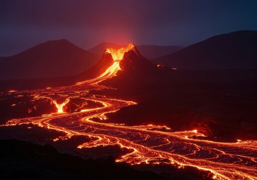 Volcanic eruption with lava flows in the mountains at night