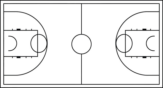 A diagram of a basketball court with markings and boundaries