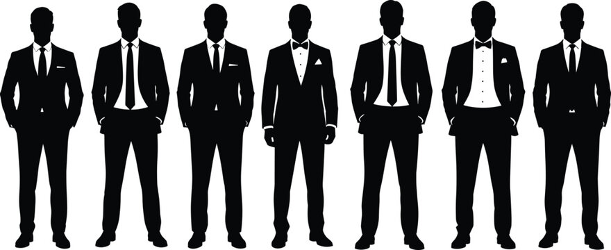 Black silhouette men in suits and tuxedos vector illustration, showcasing formal attire styles, bow ties, ties, and elegant fashion design