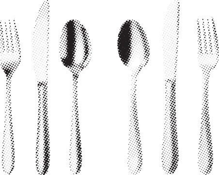 Retro halftone dot art pattern of silverware including forks spoons and knives for culinary themes