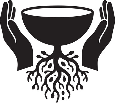 Two hands holding a bowl with plant roots growing downwards symbolising life support nourishment and foundation growth
