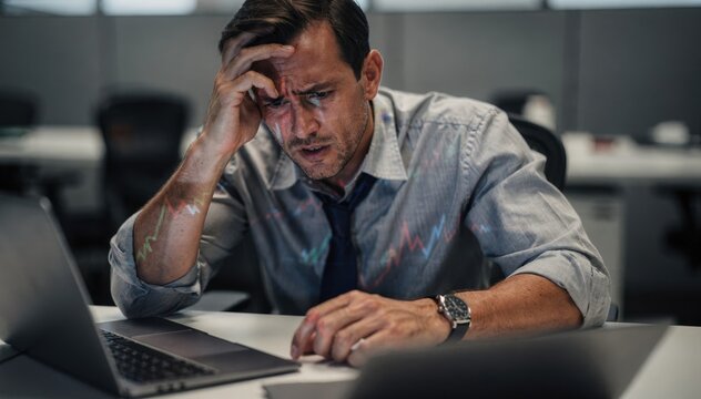 Central focus on a stressed investor analyzing market crash simulations on a laptop blurred office environment behind.