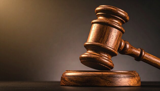 Wooden judge gavel and sound block on a dark background representing law and justice.