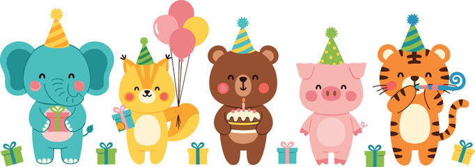 Fototapeta premium Cute Animal Birthday Party Set with Elephant, Cat, Bear, Pig, Tiger, Balloons, Gifts, and Celebration Cartoon Vector Illustration