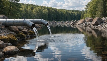 Fototapeta premium Medium shot of a serene cooling pond with water flowing gently through mechanical inlets demonstrating natural cooling integration in metal processing facilities.