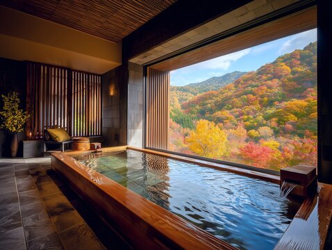 秋の紅葉が広がる絶景を大きな窓から眺める高級感溢れる檜造りの屋内温泉露天風呂の風景