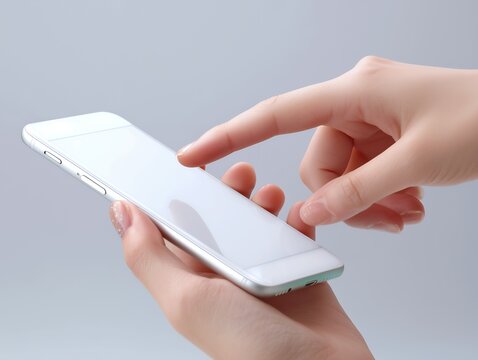 白いスマートフォンを手に持ち指先で液晶画面を操作する女性の手元とデバイスのアップ