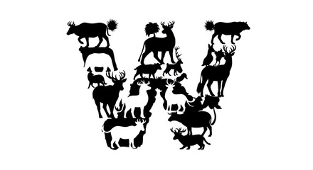 Naklejka premium A black and white silhouette of a letter W with various animals and objects surrounding it.