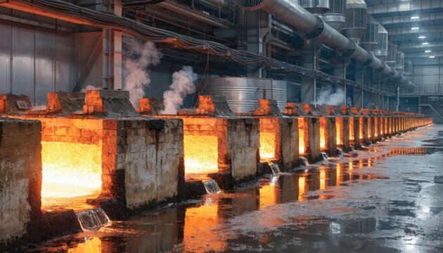 Medium shot of a HallHeroult potline with long rows of active electrolytic cells glowing orange as they produce primary aluminum in a brightly lit industrial setting.