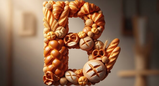 A large, intricately woven bread sculpture in the shape of the letter 'B' with various bread types and textures.