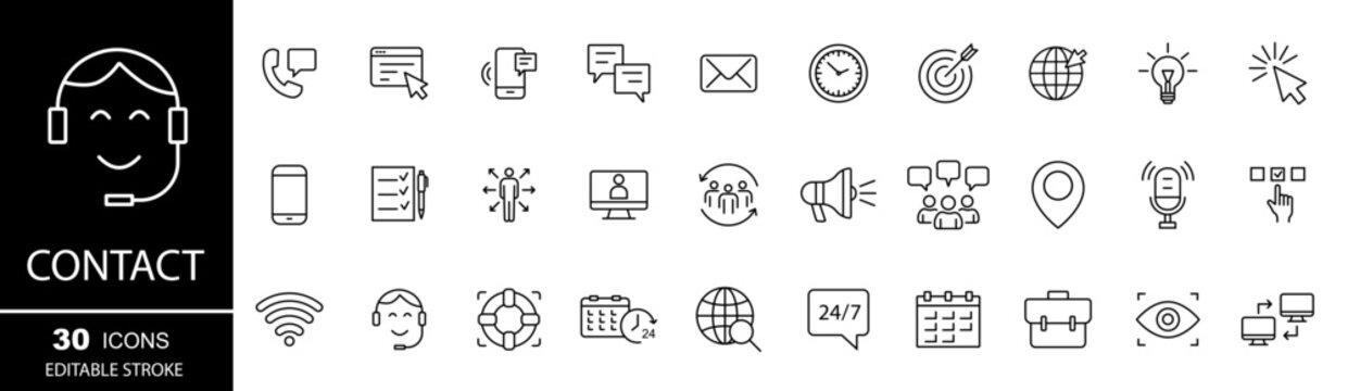 Contact line icons set. Contact icon.  Support, message, phone, globe, point, chat, call. Editable stroke. Vector illustration