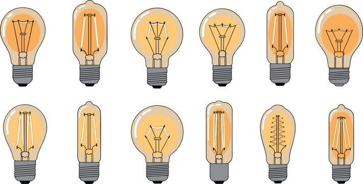 Vintage Edison Light Bulb Set with Different Filament Designs Retro Lighting Vector Collection Isolated on White Background