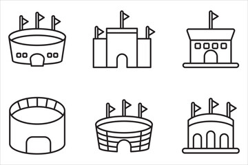 Naklejka premium A collection of icon designs for football fields and sports stadiums. White line icons. Ideal for sports and entertainment themes. Symbols with a black background are editable.