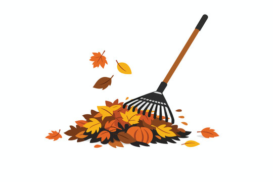 Rake gathering fallen leaves pile, flat design.
