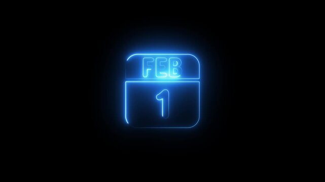 Glowing Blue Neon Calendar February 1st Black Background