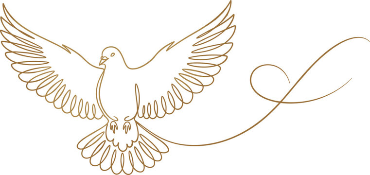 Continuous line drawing of flying dove with decorative flourish, peace freedom spirituality symbol, elegant vector illustration isolated on white background