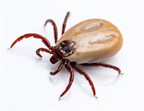 Garrapata sobre fondo blanco en primer plano, parasito peligroso para personas perros y mascotas, transmisor de enfermedades como Lyme, concepto de salud