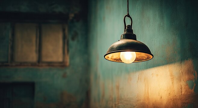 Dimly lit industrial room with hanging bare bulb lamp casting warm glow