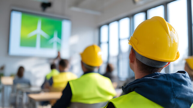 Engineer in a yellow hardhat and safety vest attentivly observes a presentation about renewable energy and wind turbines projected on a screen in a bright room