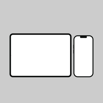 A simple graphic illustration of a tablet and smartphone on a gray background