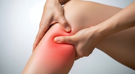 Fototapeta premium A close-up of a leg with a reddened area, hands squeezing around the knee