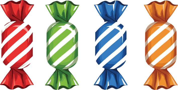 Set of colorful striped wrapped candies including red, green, blue, and orange sweets for party, birthday, and dessert shop design.