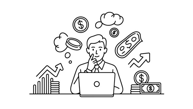 Businessman Thinking About Money Line Illustration Set &ndash; Finance Concept Outline Collection
