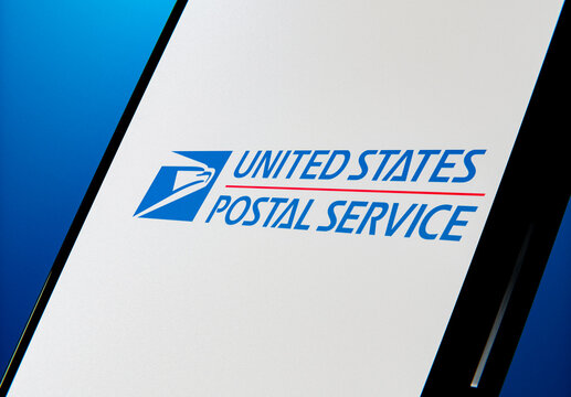 United States Postal Service Logo on Smartphone Screen, USPS Brand Closeup, American Postal Eagle Emblem, Government Mail Service Display