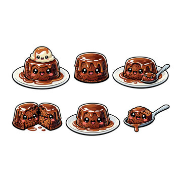 Sticky Toffee Pudding Dessert Set with Caramel Sauce Cartoon Food Vector Illustration 