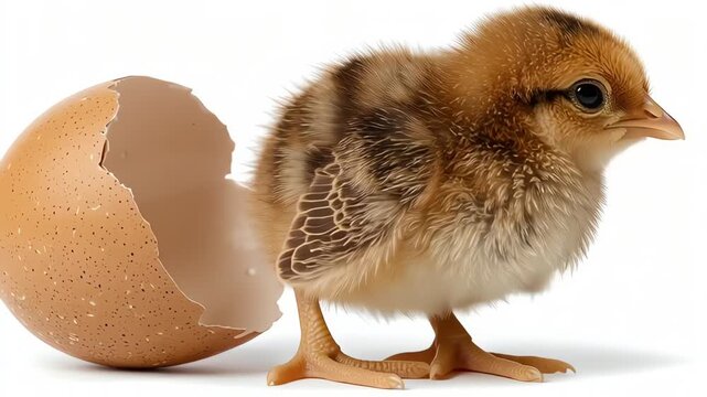 Tiny brown chick hatching from an egg on white background