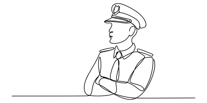 Continuous line drawing of a professional police officer in uniform wearing a service cap. Vector, illustration