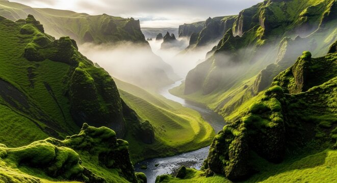 Dramatic landscape of lush green canyon with river flowing through majestic hills