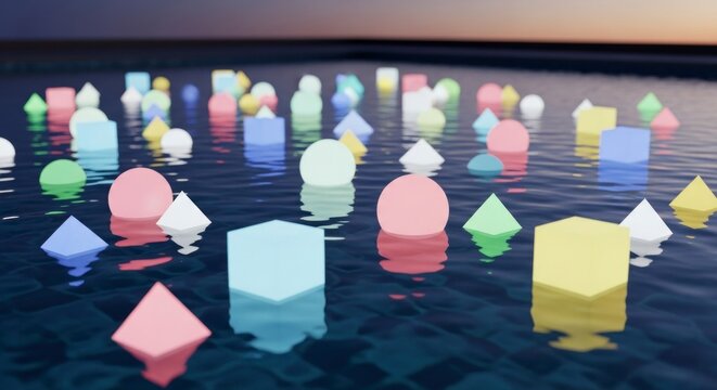 Geometric shapes floating in water reflecting abstract modern design
