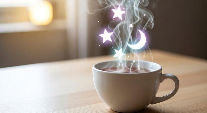 Steaming cup with magical stars and moon cozy beverage illustration