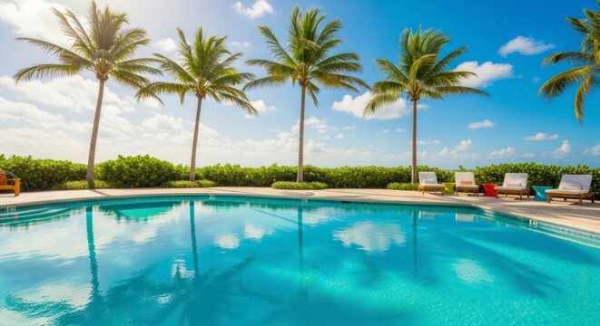 Swimming pool with palm trees under blue sky vacation leisure concept