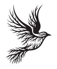 Fototapeta premium Black Bird Flying with Feathered Wings on White Background