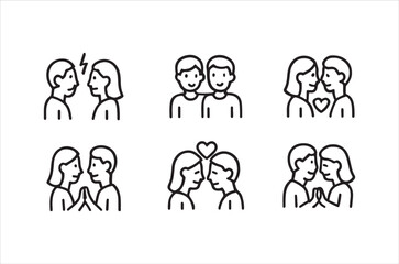 Naklejka premium Line art illustrations depict various stages and expressions of romantic relationships