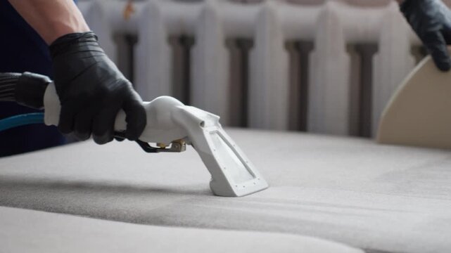 Expert Reveals Spotless Fabric Transformation. Furniture Cleaning Process Results In Pristine Sofa Appearance. Technician Demonstrates Impressive Makeover Of Sofa Fabric After Thorough Cleaning