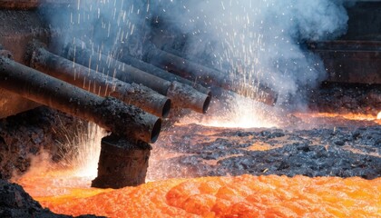 Medium shot of industrial furnace with airblowing tuyeres injecting oxygen refining molten matte into blister copper amidst glowing molten metal and rising sparks.