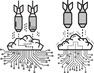 Fototapeta premium Bombs falling towards digital cloud computing circuits, cyber attack or data security threat concept, Circuit Board