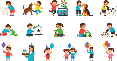 Naklejka premium Cute Kids and Pets Activity Set with Children Playing with Animals, Toys, Balloons, and Birthday Celebration Cartoon Vector Illustration