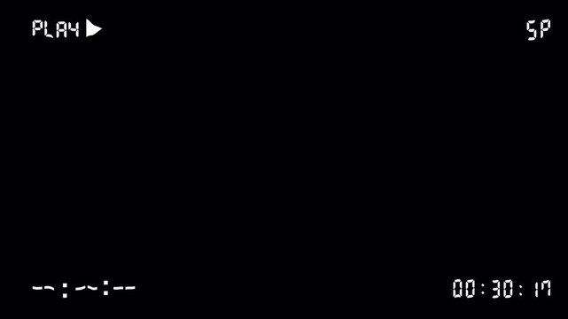 VHS play overlay vintage animation on transparent background. Old VHS play and timecode. 4k animation