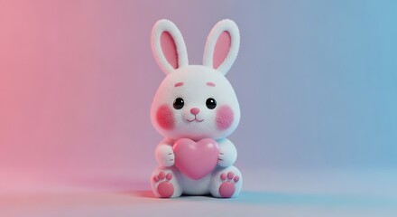 Fototapeta premium A fluffy white bunny with pink features holds a heart, soft lighting background