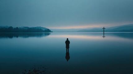 Fototapeta premium A peaceful person Standing in The water at the shore of a calm lake at dawn, Hands in prayer 