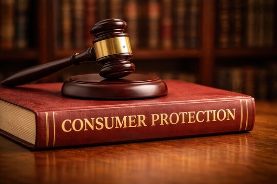 Wooden gavel resting on consumer protection law book with warm library background